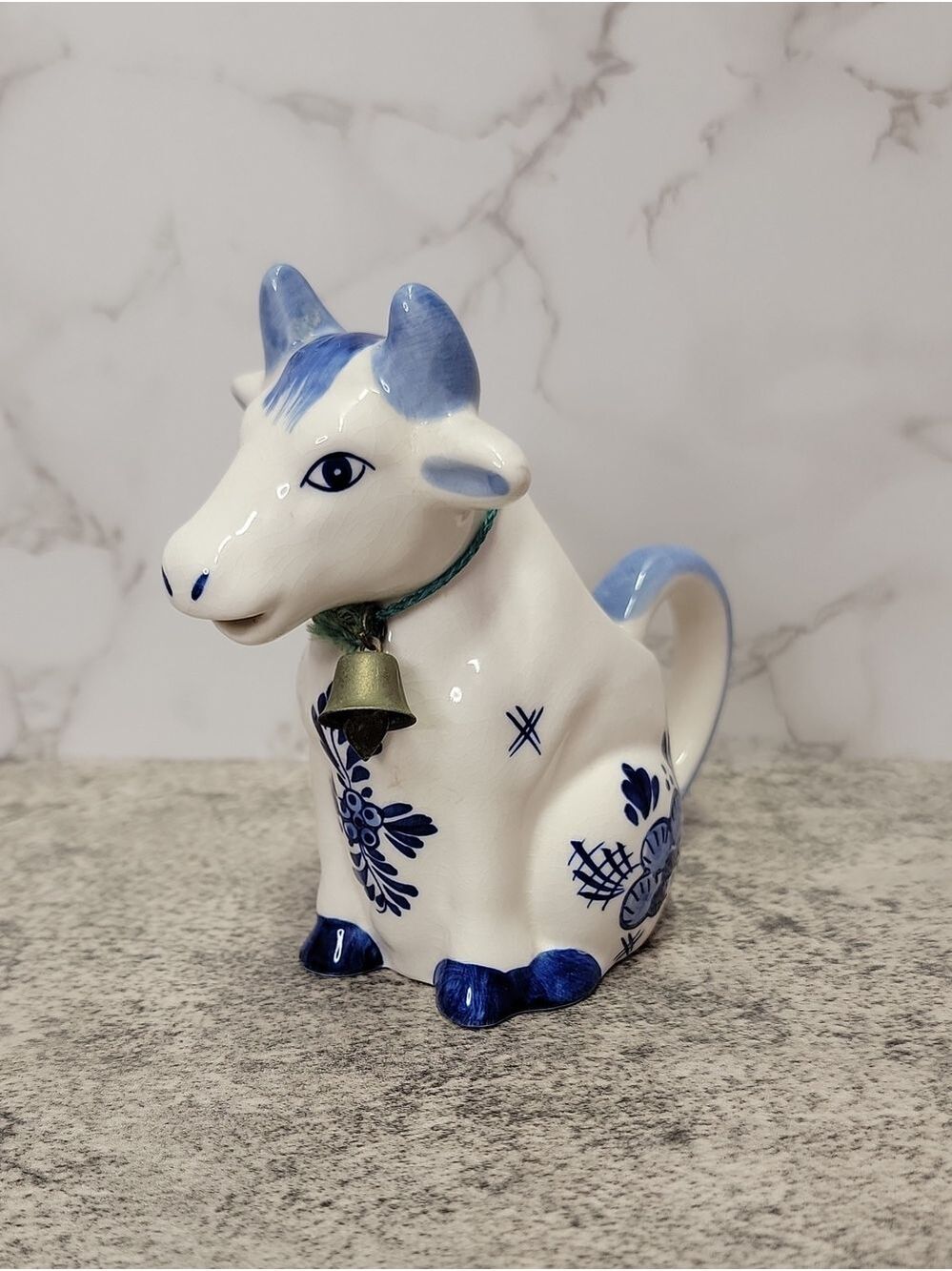 Vintage Blue Delft Sitting Cow Creamer with bell